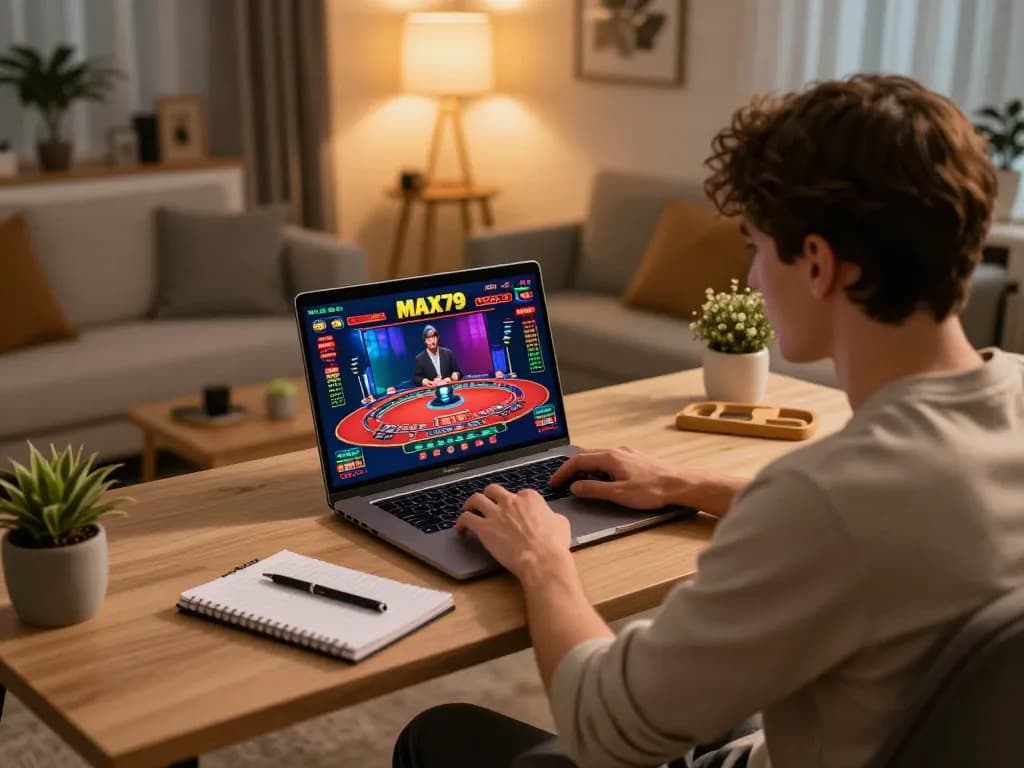 Player enjoying online gambling on MAX79 with engaging live dealer experience showcased on laptop