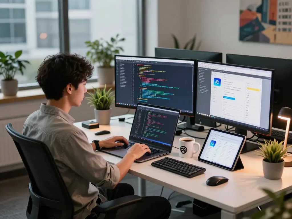 Developer immersed in coding with multiple monitors in a modern workspace showcasing the capabilities of the molt bot AI.