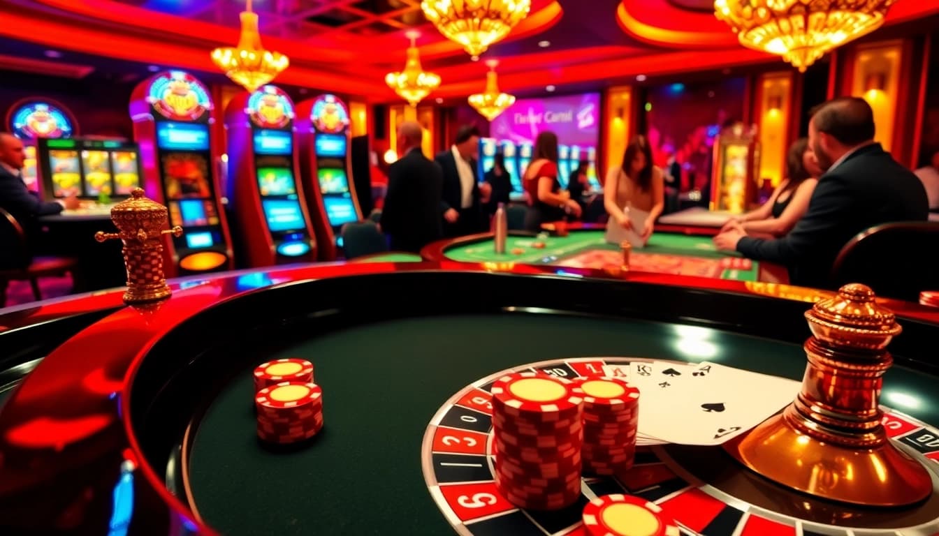 Experience the thrill of gambling at 67bet with players celebrating wins at a vibrant casino scene.