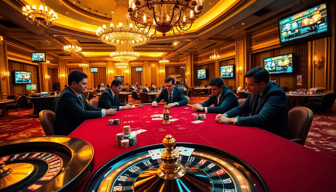 Excitement envelops an upscale casino poker table, featuring cwin poker chips amidst intense gameplay.