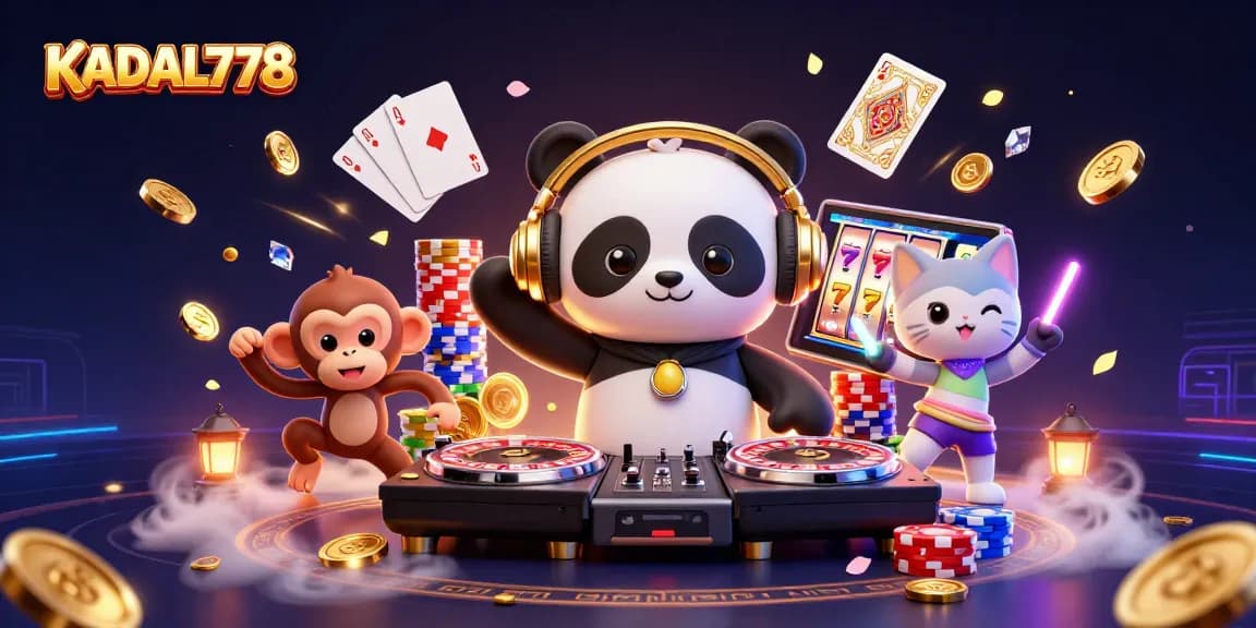 KADAL778 engages players with a vibrant casino scene featuring a DJ panda, dancing monkey, and glowing kitten amidst dazzling gambling elements.
