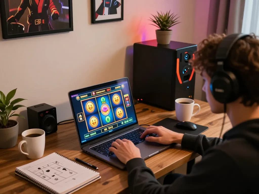 Engaging in SLOT GACOR gameplay on a laptop at home with cozy decor creating a strategic environment.