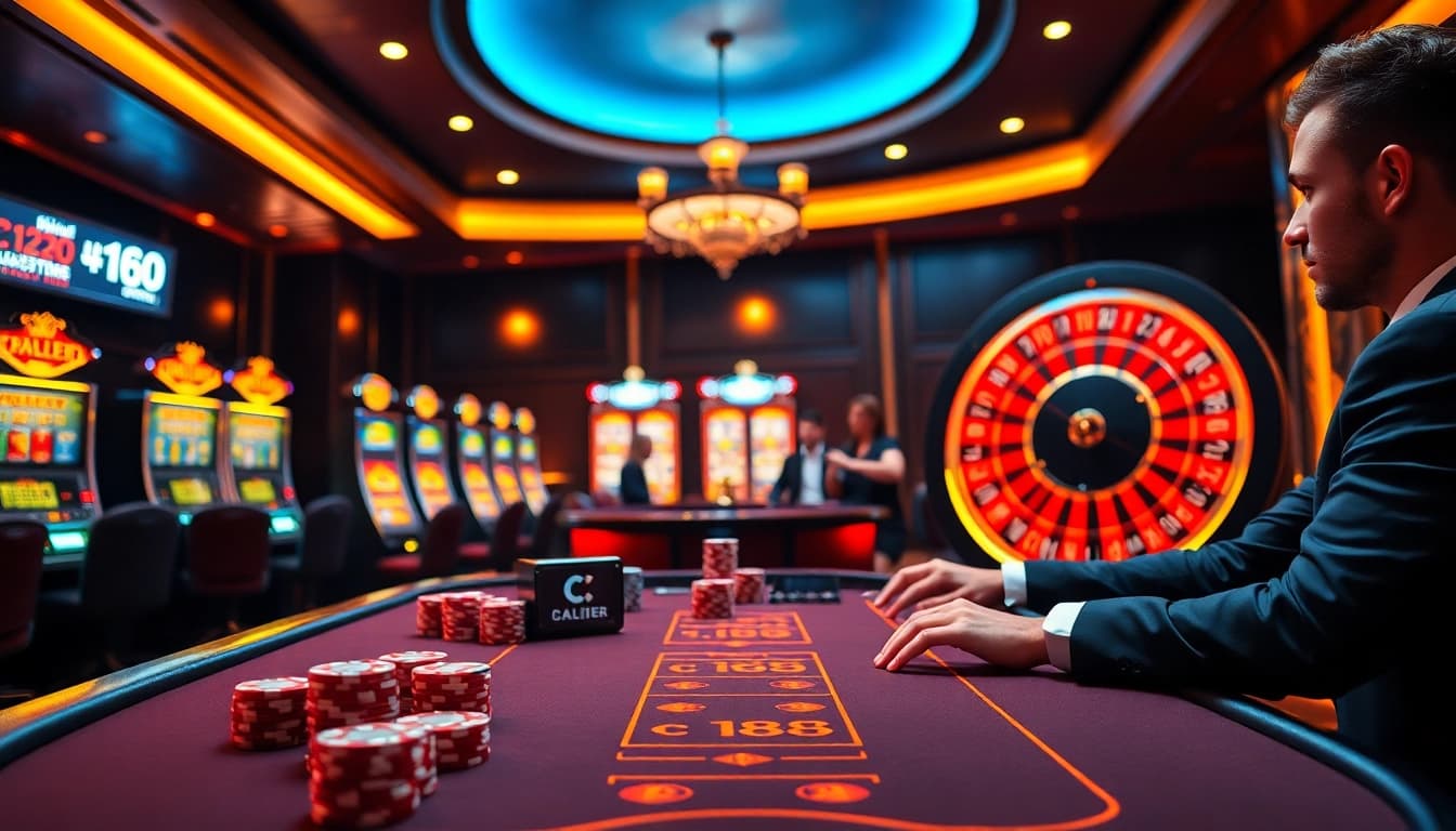 Excited players at C 168 casino table with poker chips and roulette wheel.
