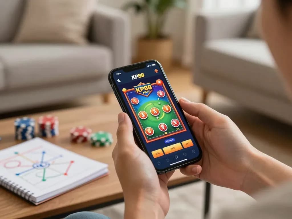 Playing games on KP88 apk with vibrant visuals in a cozy home setting, emphasizing fun and strategy.