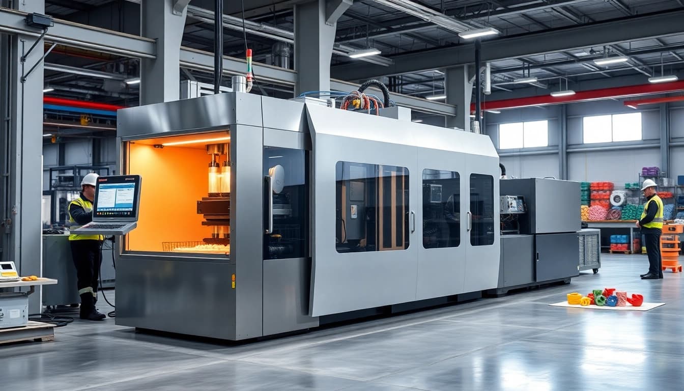 State-of-the-art plastic injection molding machine in action, showcasing advanced technology and efficiency.
