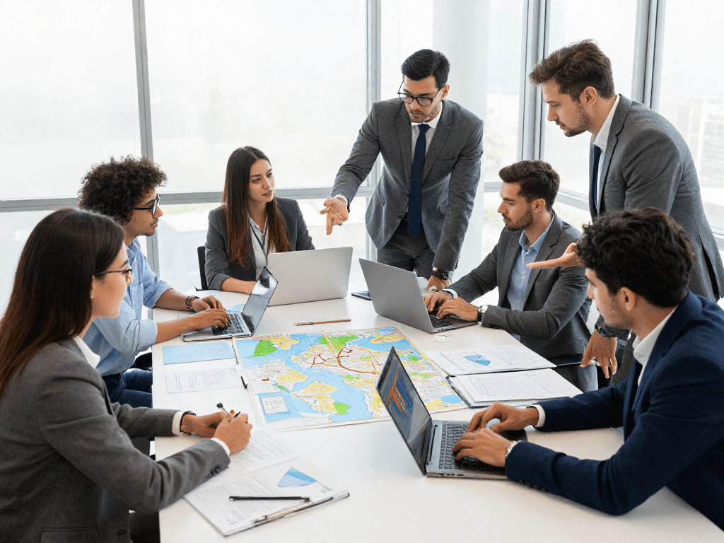 Zollagentur in Dortmund bei einer strategischen Besprechung zu Import-Export-Prozessen in einem modernen Büro.