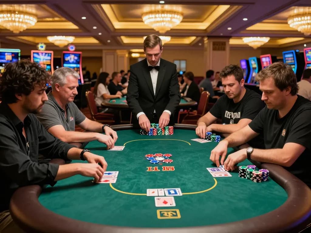 Permainan poker yang intens di kasino Las Vegas yang ramai dengan pemain fokus di sekitar meja kain hijau