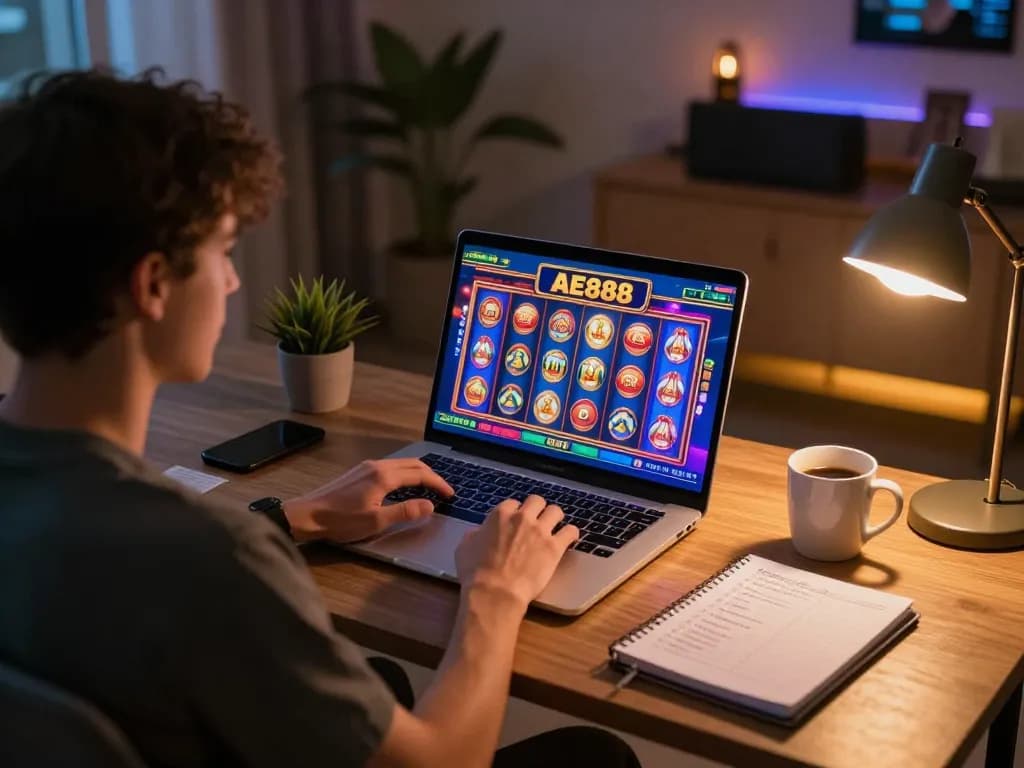 Engaging gameplay on jae888 with online slots, showcasing vibrant spinning reels from a laptop