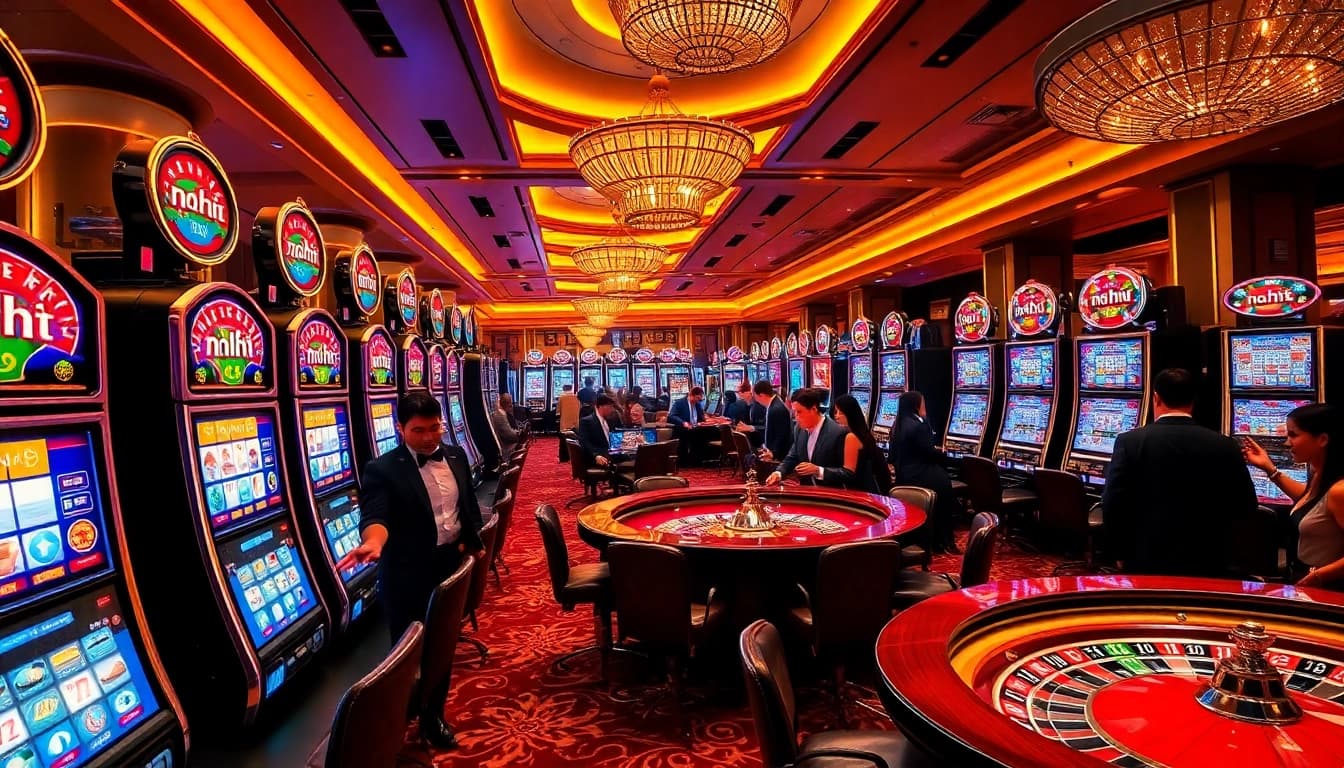 Excited players winning at nổ hủ slot machines in a luxurious casino atmosphere.