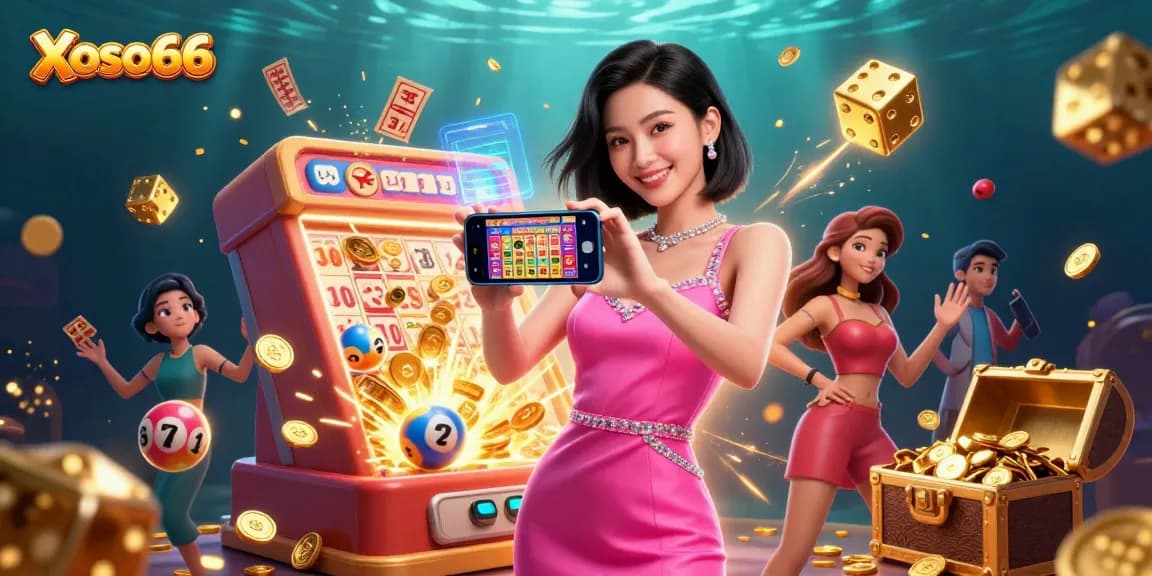 Experience the thrill of Xoso66 lottery with a stunning woman viewing live games on her smartphone amidst vibrant elements.