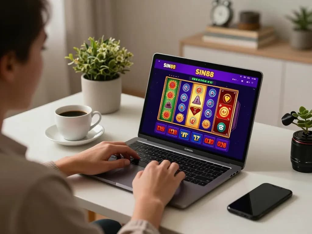 SIN88 user engaging with online casino app at home, enjoying strategic gaming experience.