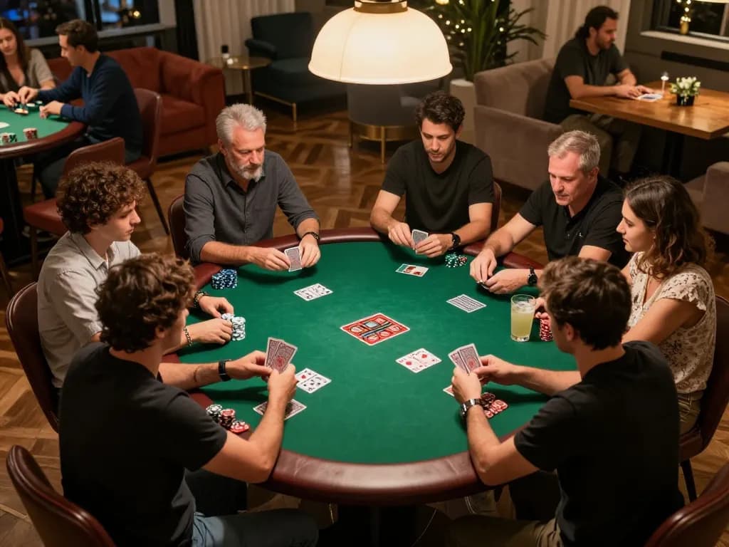 Players engage in an exciting poker game at jogoluck, showcasing strategy and social interaction in a warm setting.