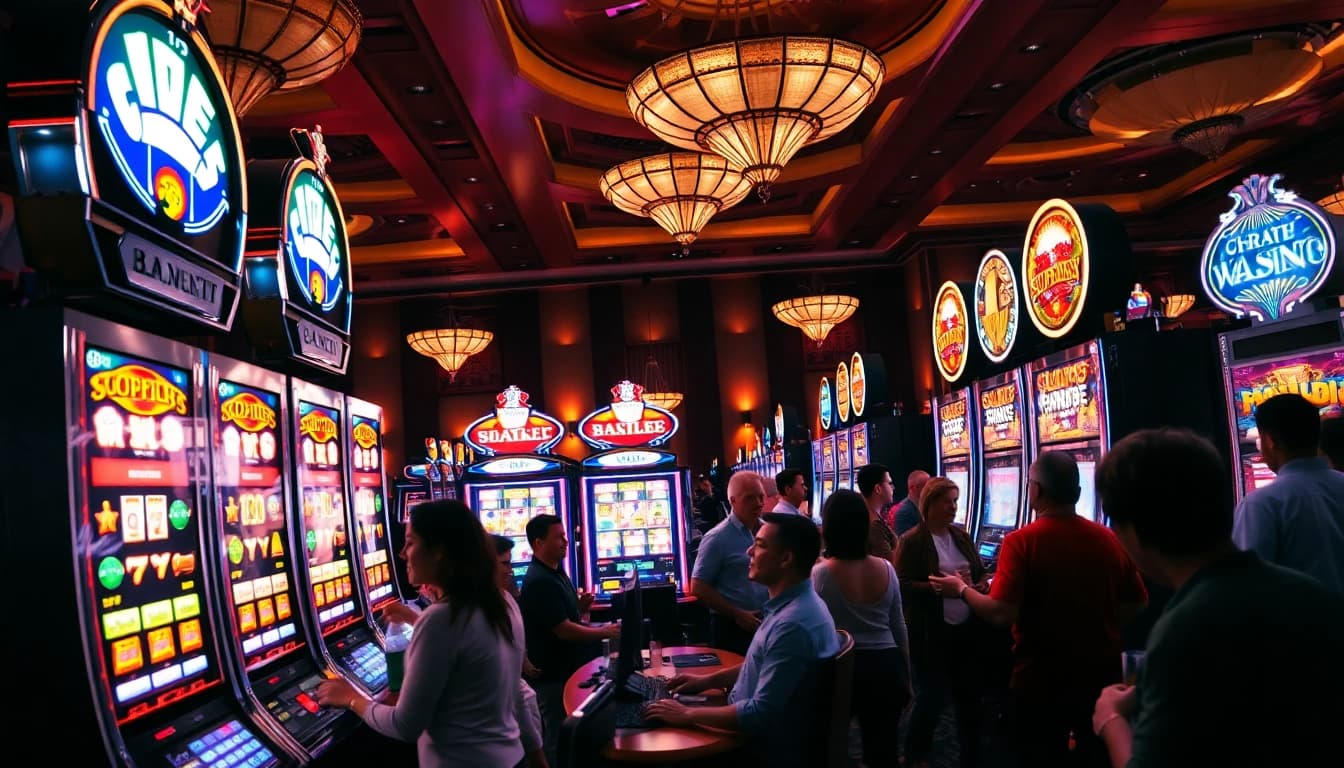 Menang di fitur apk slot dalam suasana kasino yang semarak dengan mesin slot berwarna-warni.