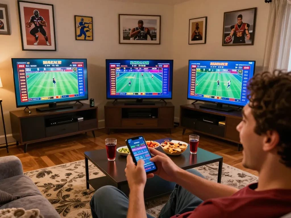 Engaging in sports betting using smartphones at home with uk88 com displayed, showcasing excitement in gaming