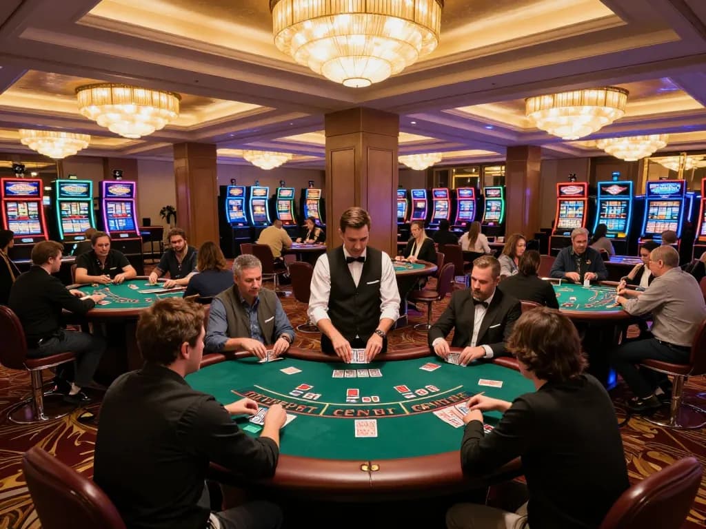 LLwin players enjoying an upscale blackjack game in a vibrant casino atmosphere