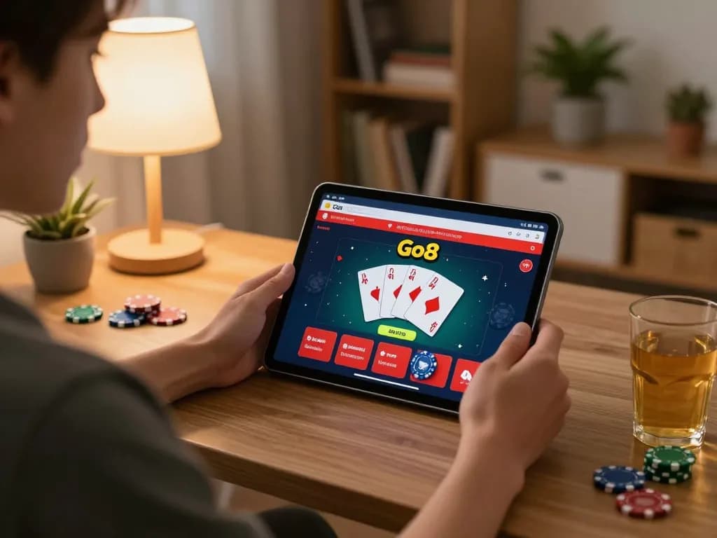 Engaging moment of a player using the Go8 app on a tablet for online casino gaming at home, showcasing the excitement of gambling.