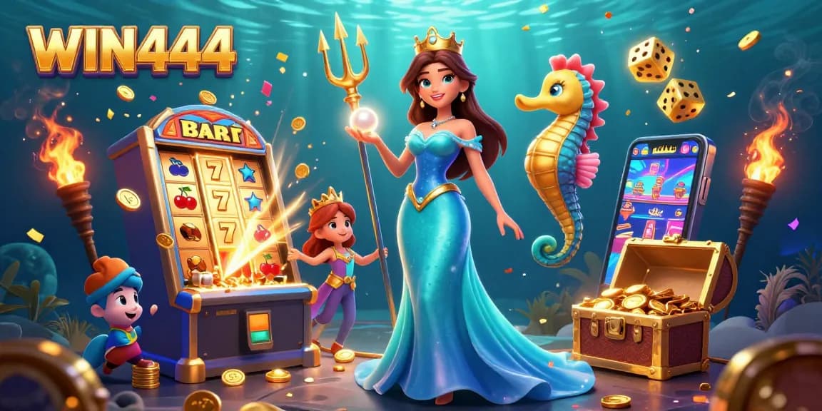 Experience the excitement at WIN444 with vibrant 3D visuals of gaming elements and characters, showcasing thrilling casino fun.