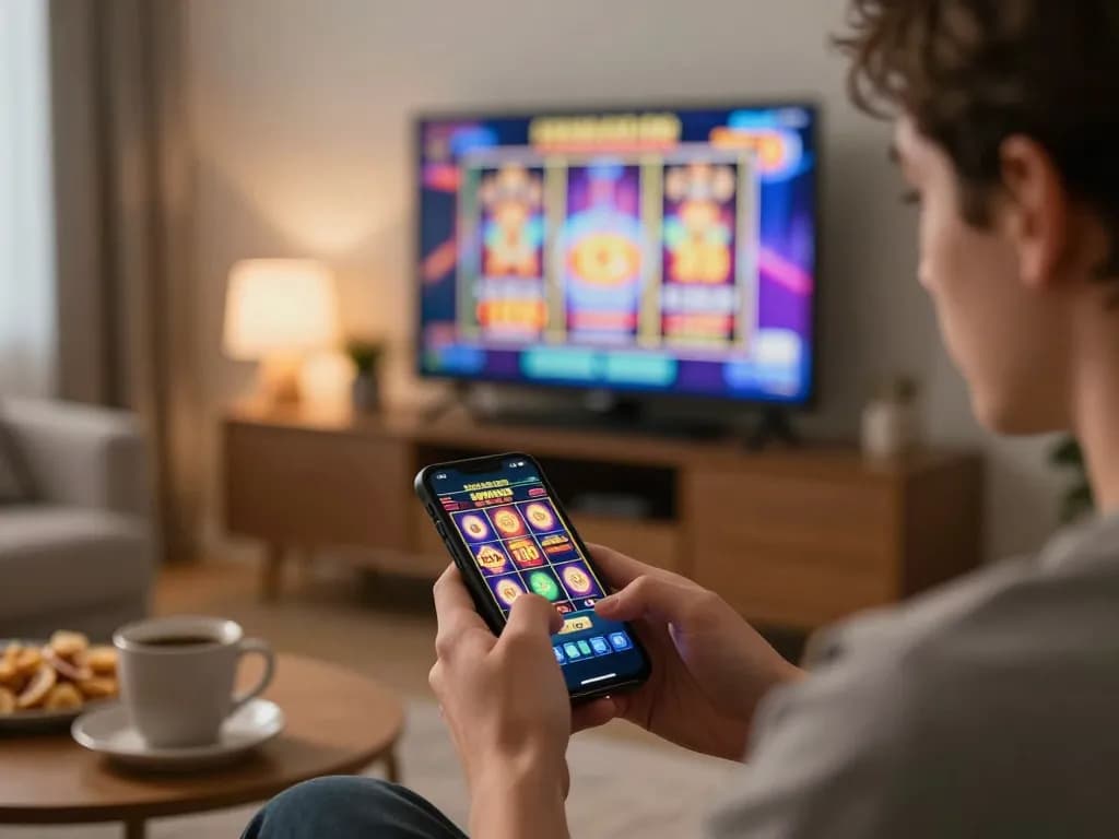 Engaging slot kamboja bet 100 action on smartphone showcasing exciting gameplay in cozy home environment