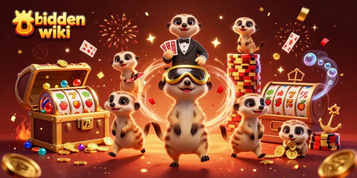 Experience the hidden wiki gaming scene with meerkats dealing cards and celebrating in a vibrant casino atmosphere.