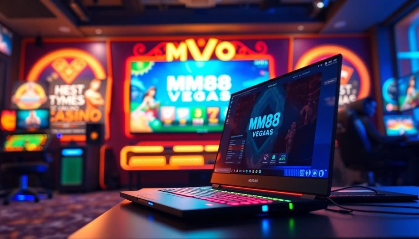 Engaging scene of MM88 Vegas online gaming setup with vivid colors and modern equipment.