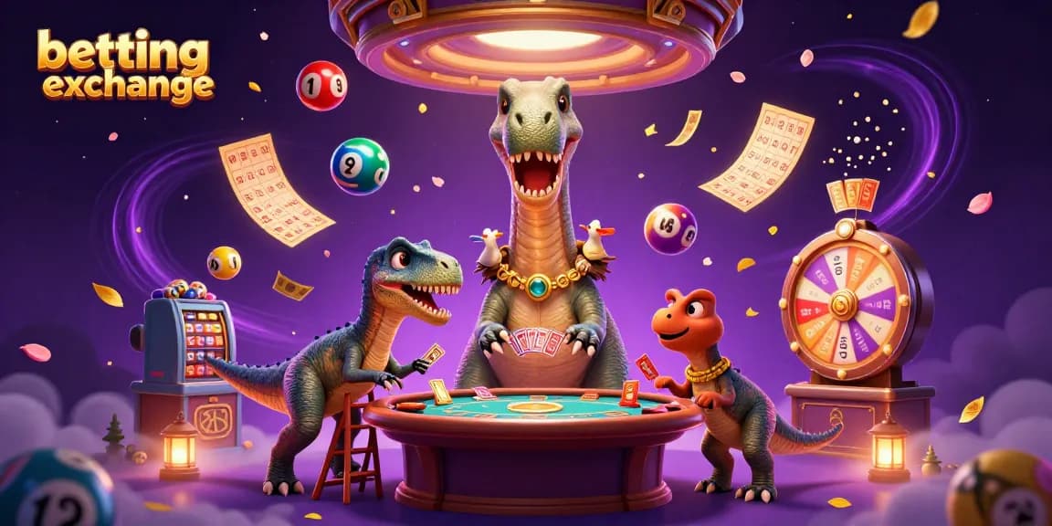 Engage in the betting exchange experience with a 3D scene of a playful dinosaur and raptor at a lively casino.