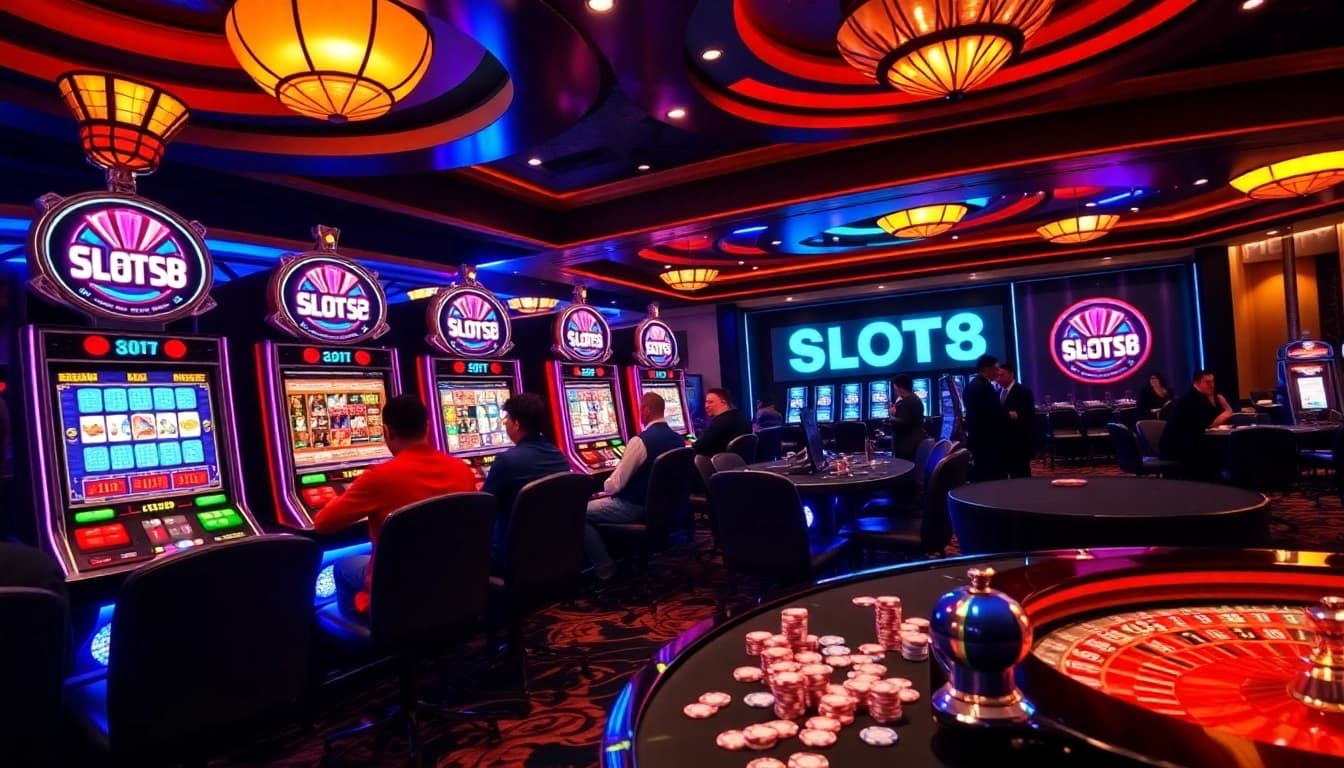SLOTS8 players enjoying thrilling slot machine action in a vibrant casino setting.
