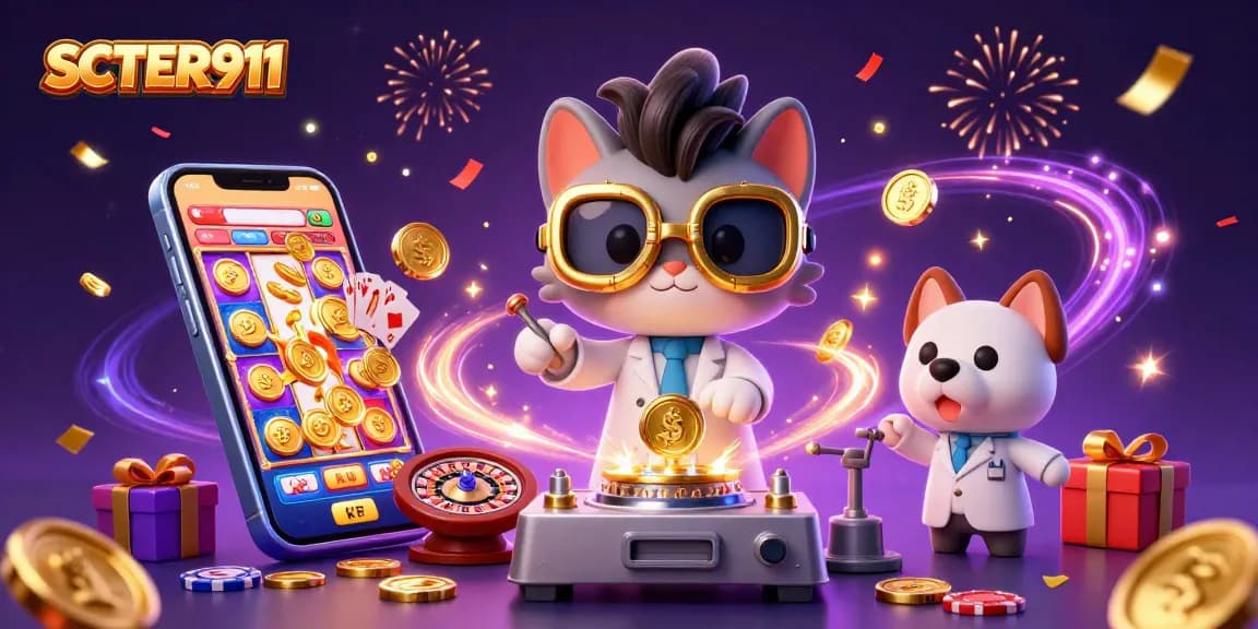 Activate excitement with SCATTER911 as golden coins erupt while mad scientist cat creates gaming magic.