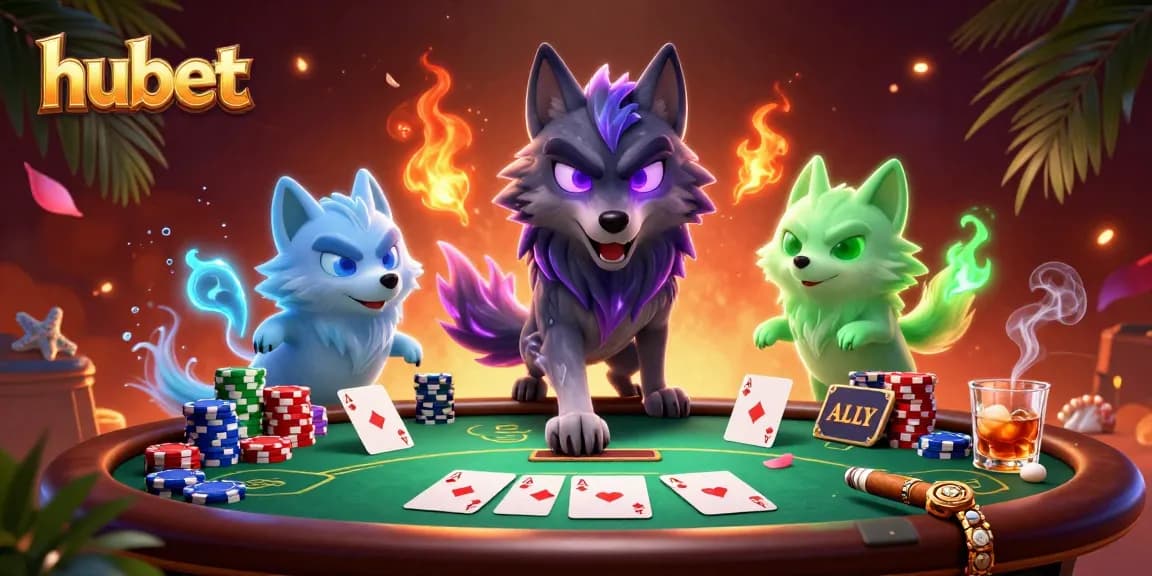 Place your bets at Hubet with vivid casino action featuring poker games and ghostly wolves.