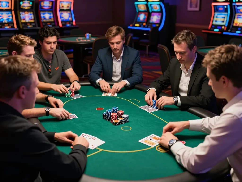 Nohu90 poker game atmosphere with active players and colorful chips at an upscale casino.