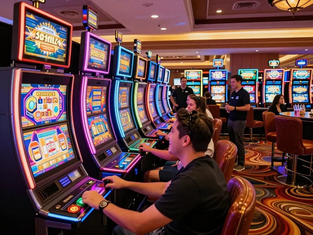 Players enjoying vibrant slot machines in a modern casino, capturing excitement and engagement.