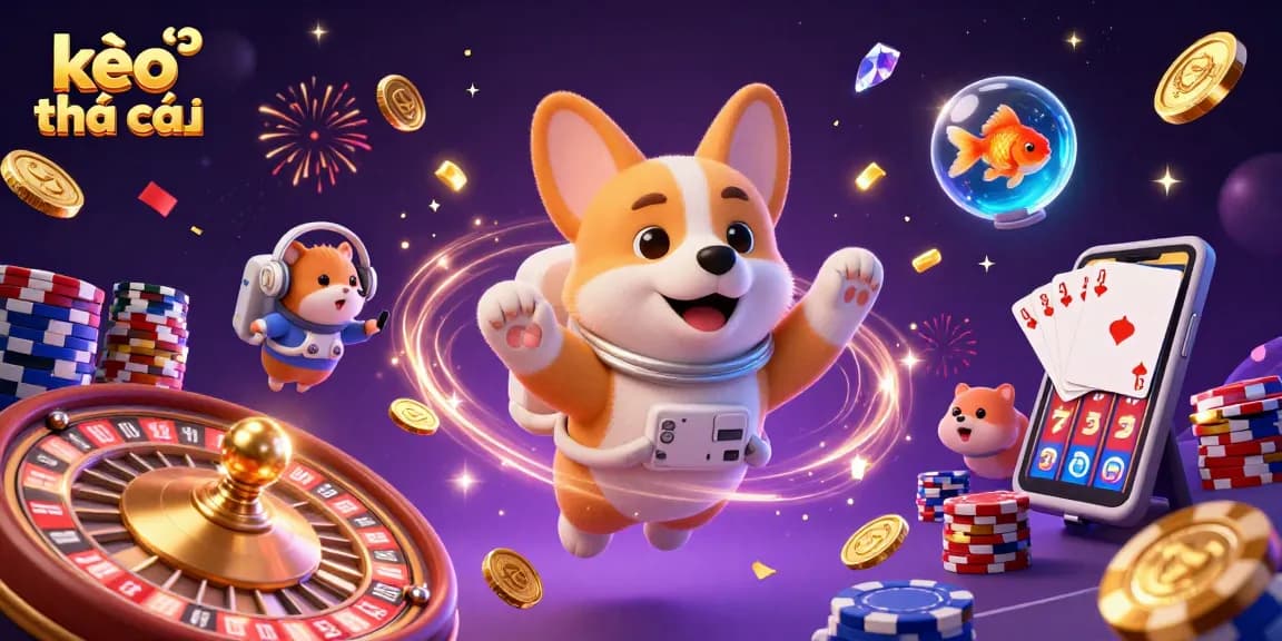 Experience engaging kèo nhà cái action with a 3D astronaut corgi in a vibrant space casino scene.