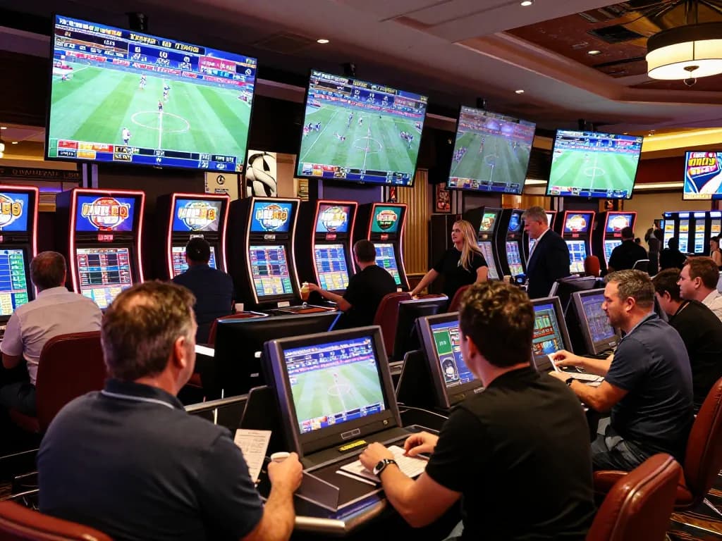 Soi Kèo enthusiasts engaging in strategic sports betting in a lively casino environment