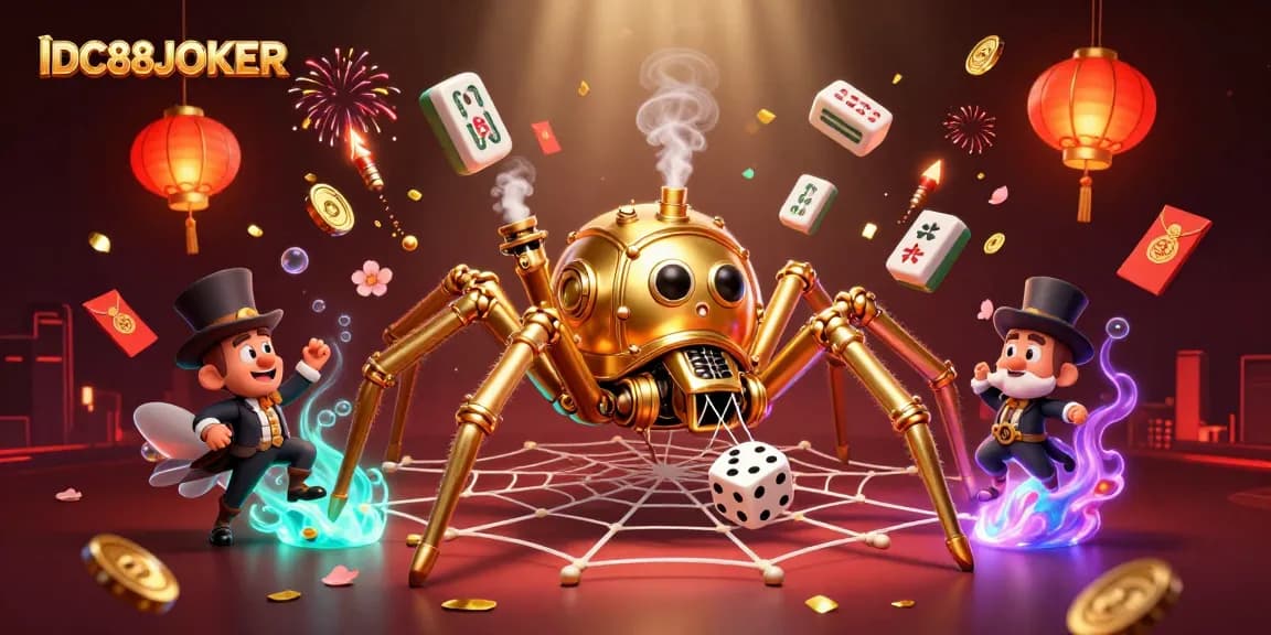 Engage with IDC88JOKER’s immersive gaming scene featuring a steampunk spider and playful elements.