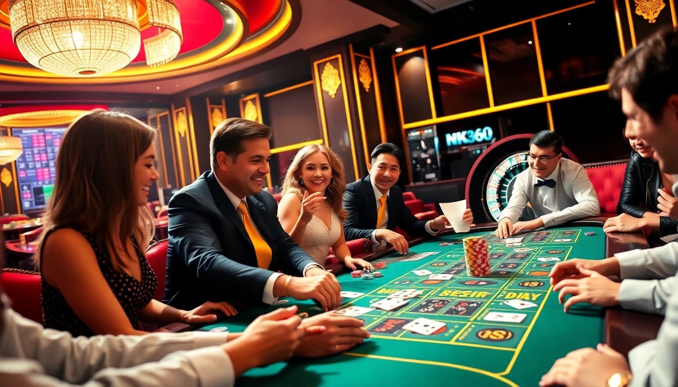 Engage with the NK88 gaming table in a luxury casino setting, showcasing excitement and betting action.