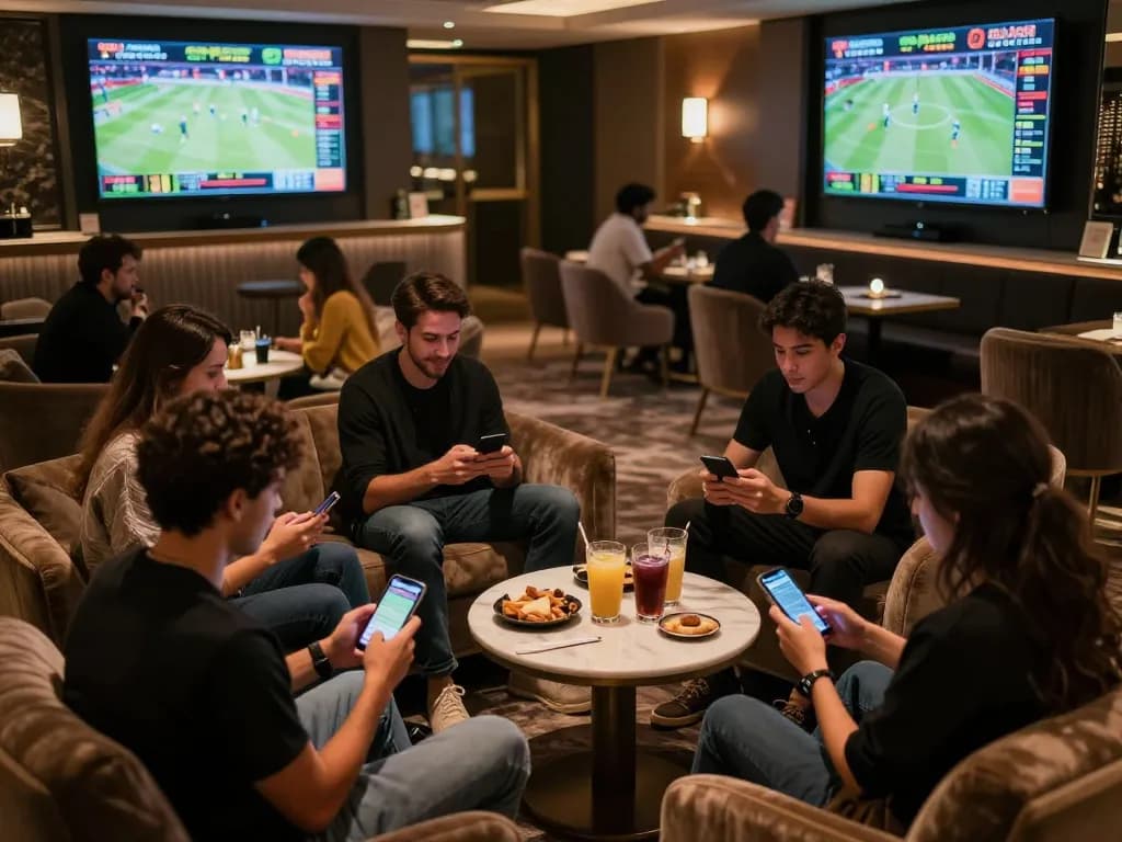 Engaged friends strategizing bets on keobongda during a live sports betting event