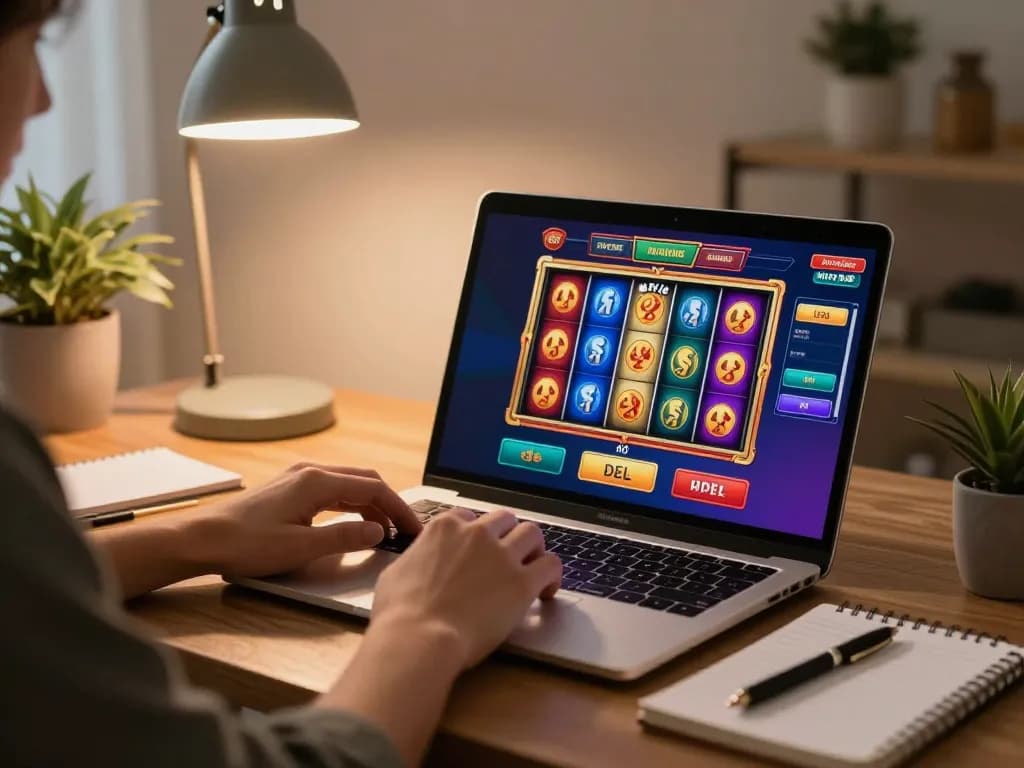 Person engaging in responsible online gaming at home with hay88x slot interface displayed.