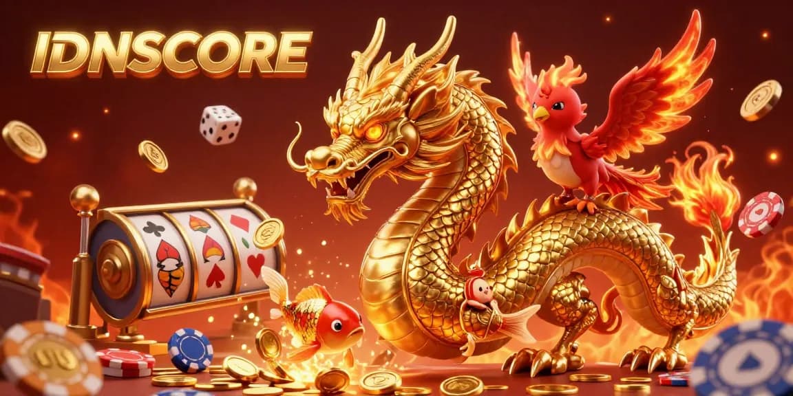 IDNSCORE brings casino excitement to life with a dragon, phoenix, and koi fish illustrating dynamic gaming elements.