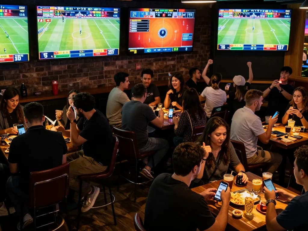 F168 sports betting scene with friends celebrating wins at a lively bar atmosphere.