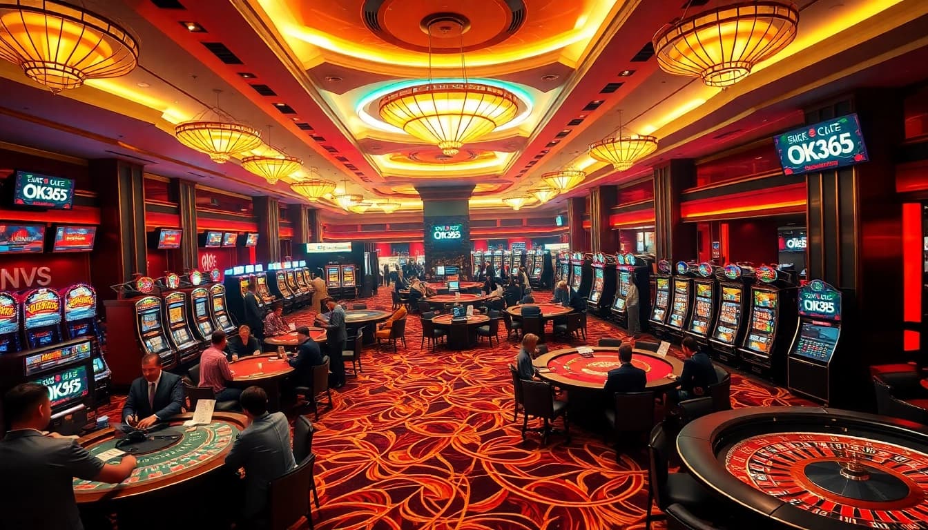 Dynamic gameplay at nhà cái OK365 with players engaged at poker and roulette tables.