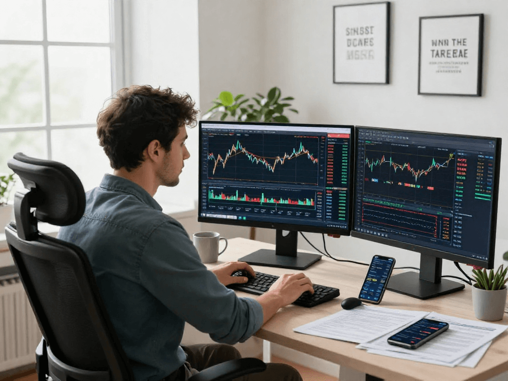 Trader using MetaTrader 5 to analyze market trends in a modern workspace