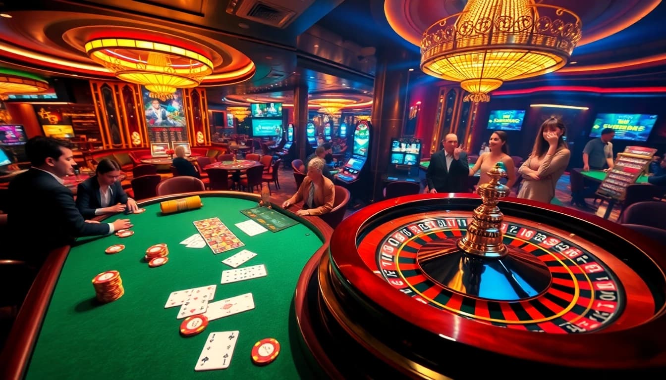 Engage in thrilling casino action at Superbet with poker tables, chips, and a roulette wheel.