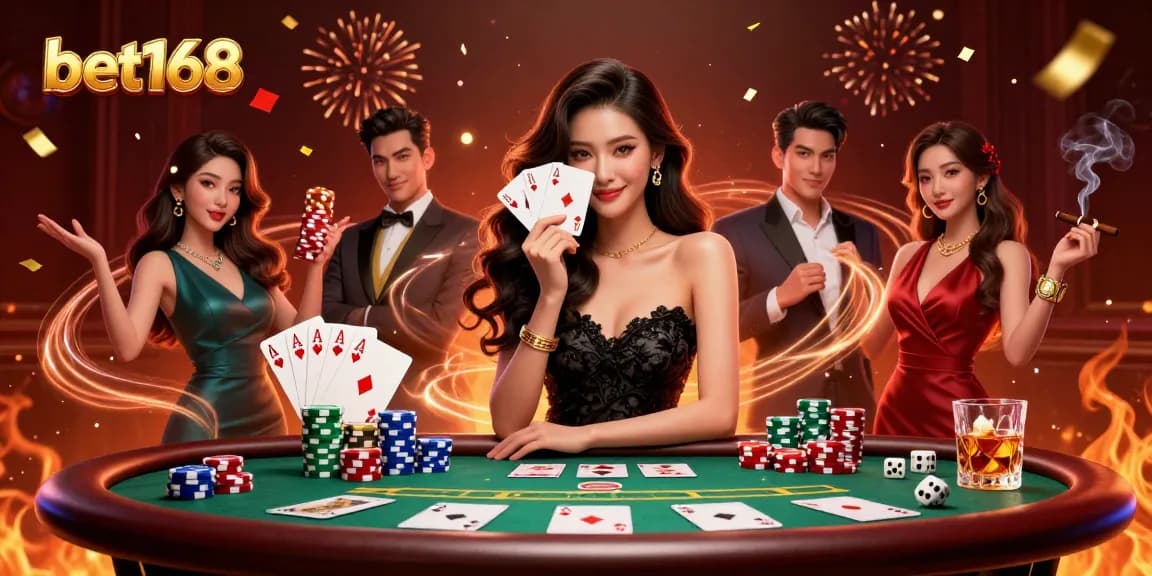 Experience the thrill of bet168 with an elegant Asian woman holding poker cards in a vibrant casino.