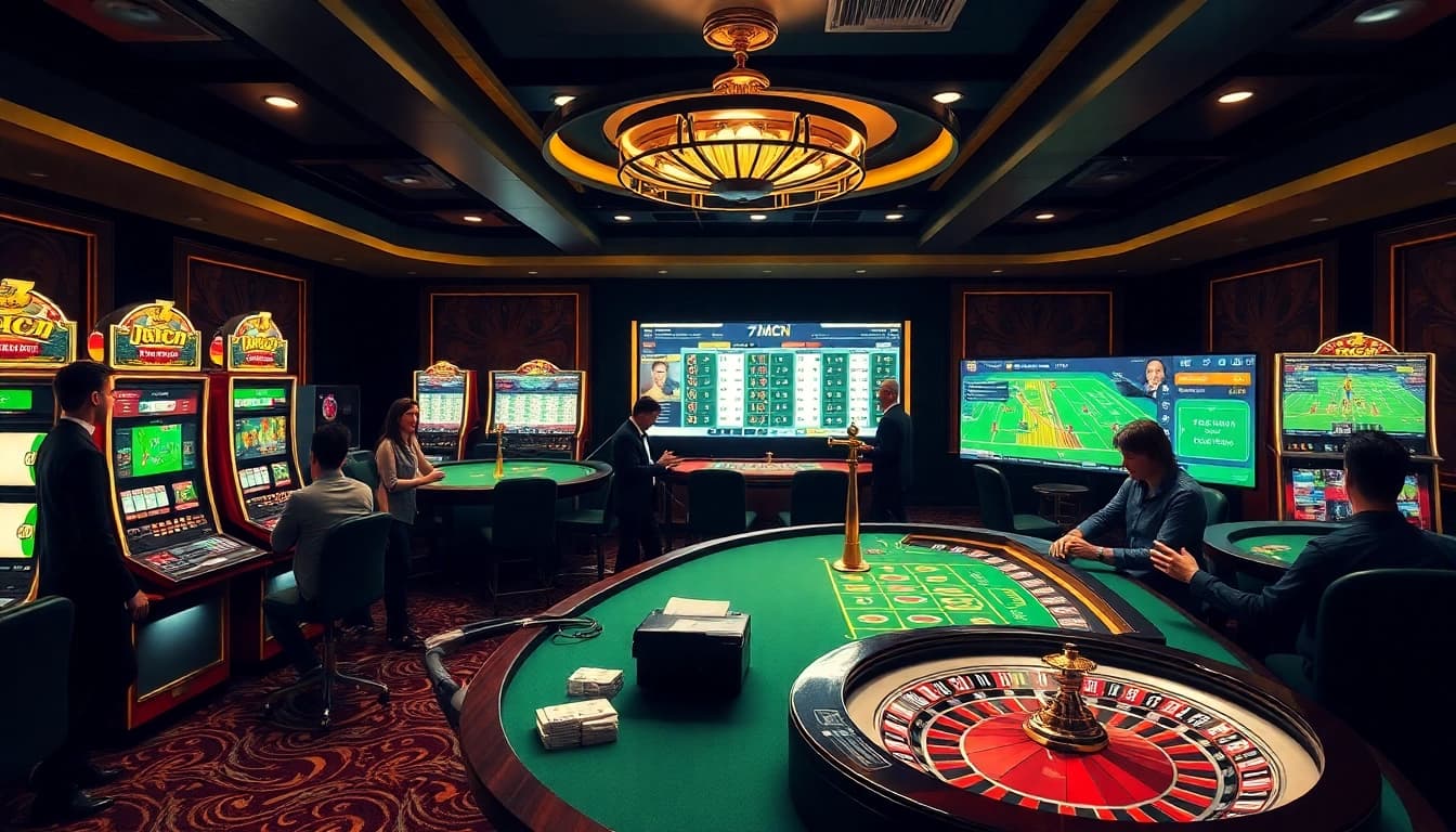 Gamblers enjoying thrilling bets with 7mcn odds in a luxurious online casino.