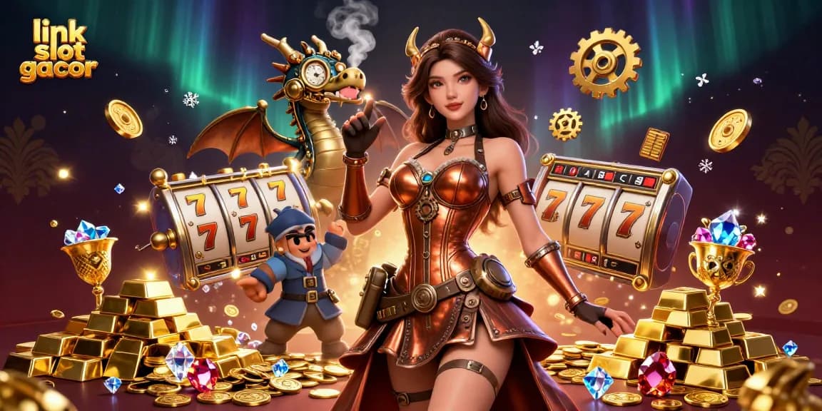 Rasakan permainan mendebarkan dengan link slot gacor dalam ilustrasi kasino yang hidup ini yang menampilkan wanita steampunk.