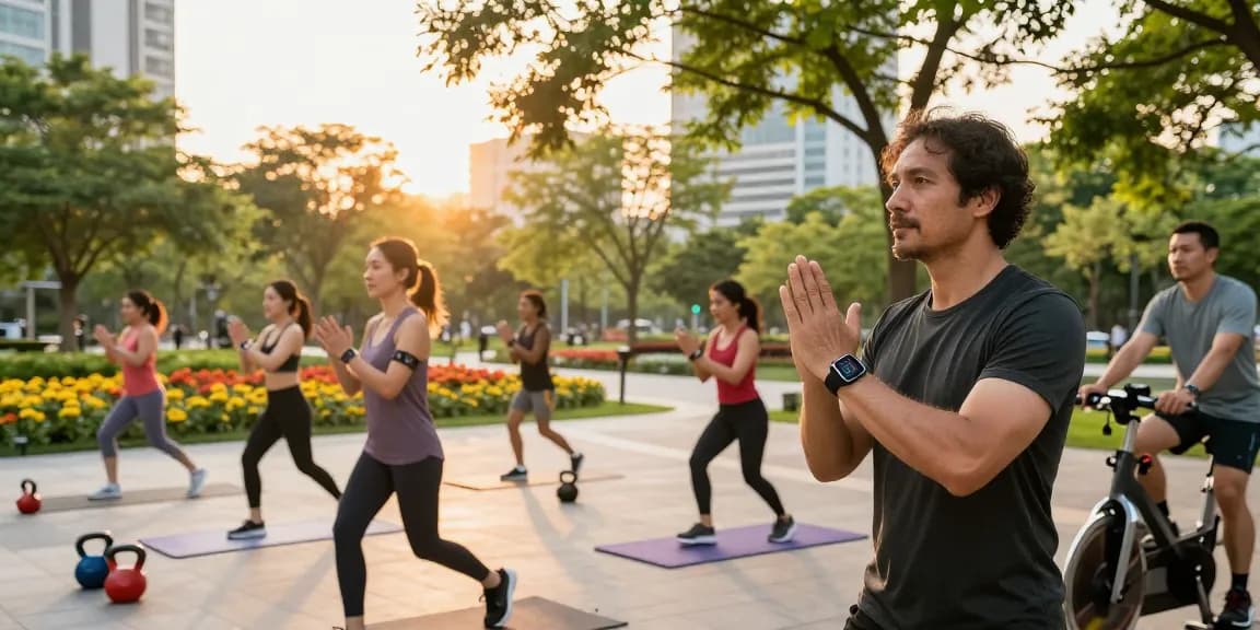Pengguna smartwatch Fitbit Luxe di taman kota dengan latar belakang suasana senja, memantau kesehatan dengan gaya.