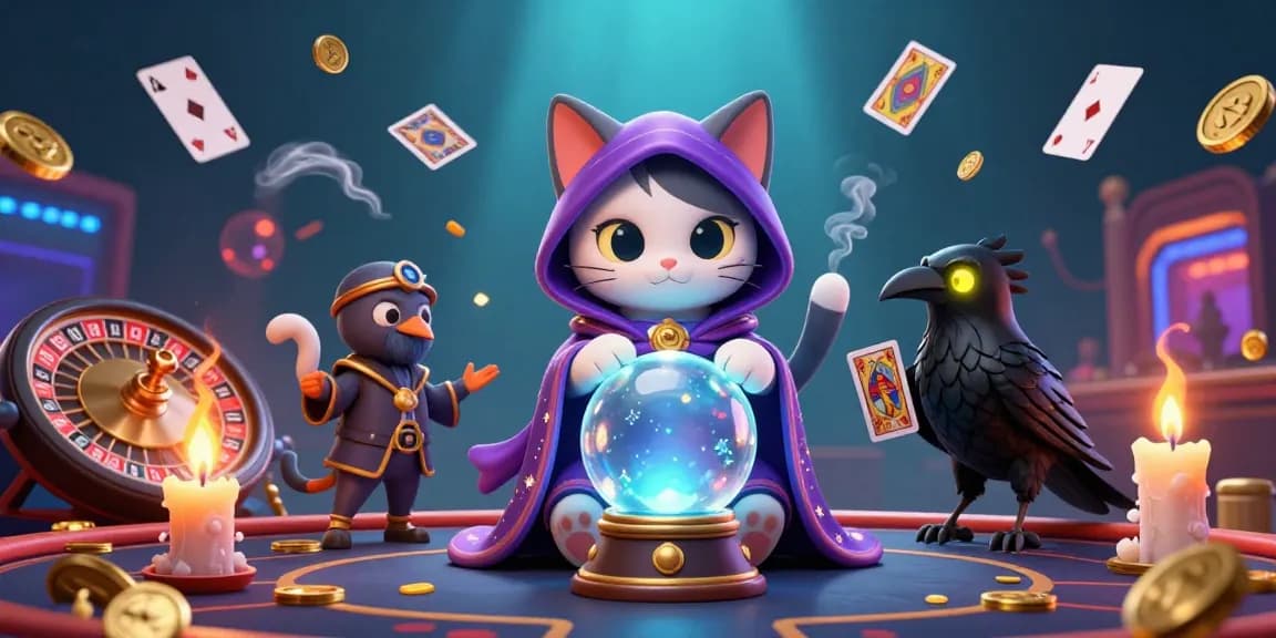 Jouez au casino en ligne blackjack avec un chat mystique et un corbeau, ambiance vibrante