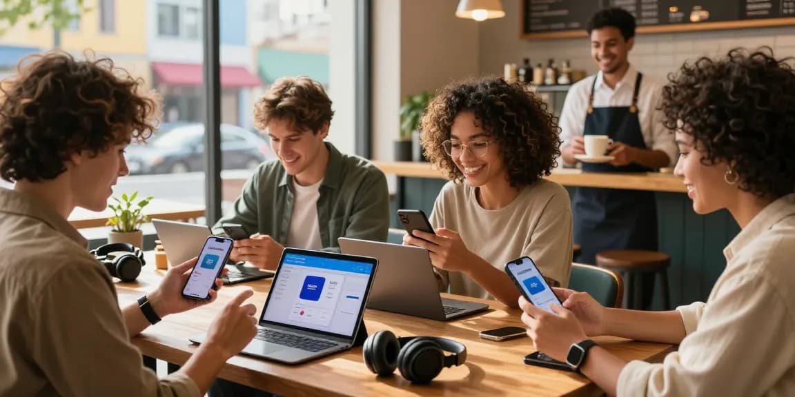 Customers enjoying ROKOK88 shopping app in a café surrounded by electronics.