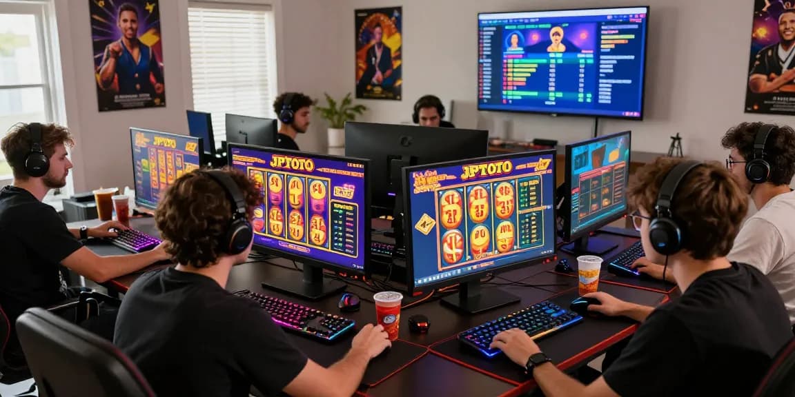Exciting JPTOTO online gaming setup showing players engaged with slot games in a cozy home environment.