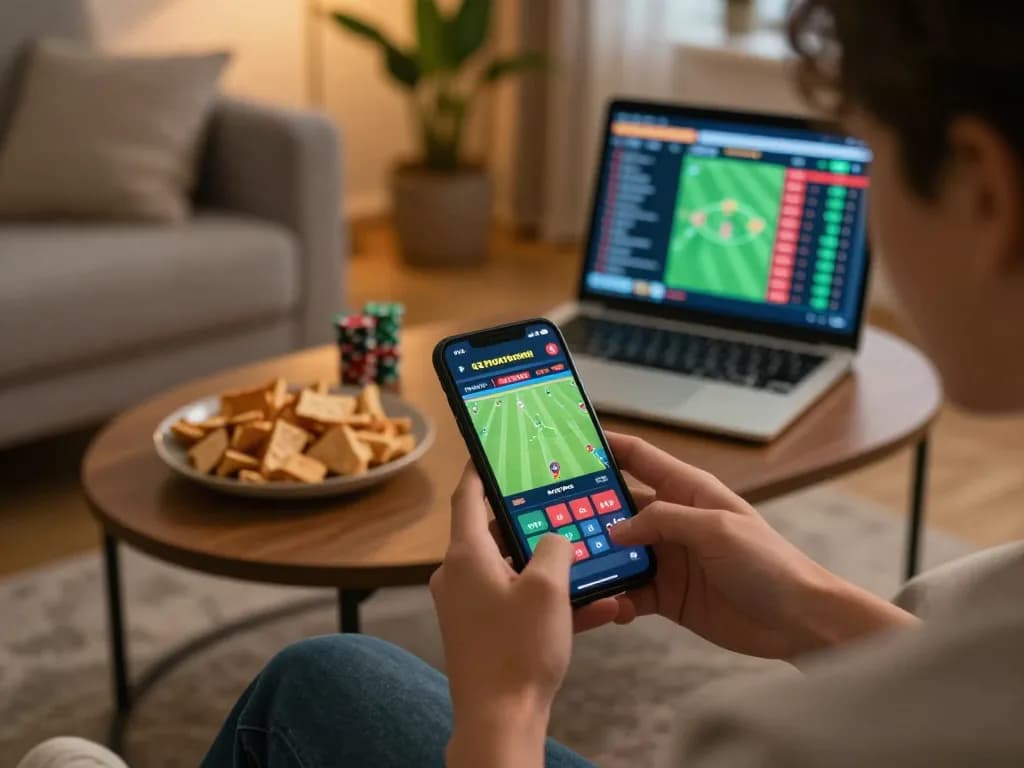 FC88 enthusiast engaged in live sports betting on smartphone in a cozy home setting