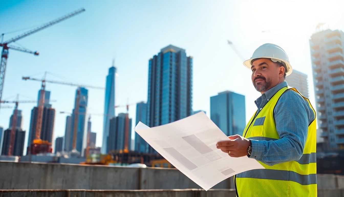 Manhattan Construction Manager overseeing a busy site with blueprints in hand.